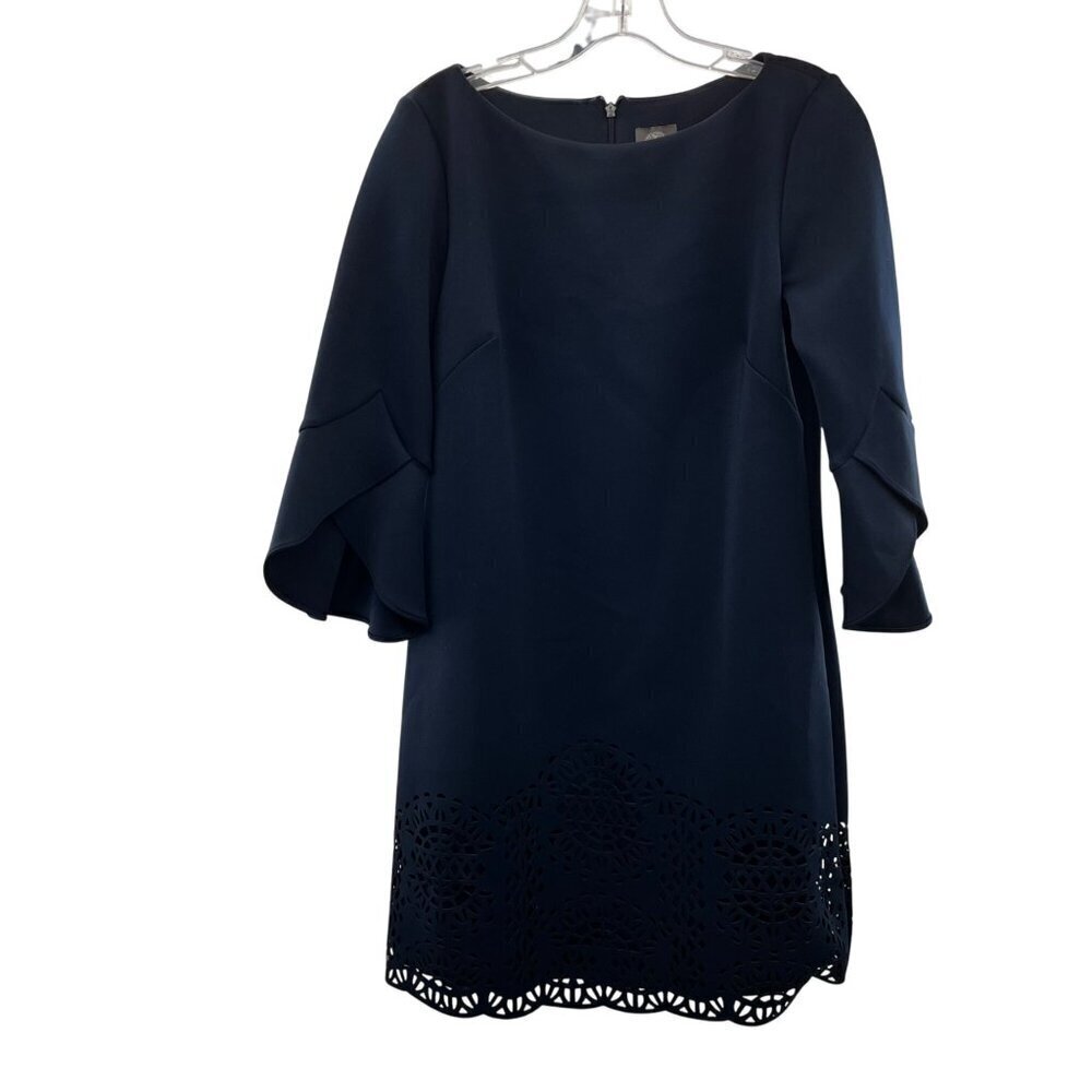 Vince Camuto Women's Shift Dress 3/4 Flare Sleeve Cut Out Hem Navy Size 8 Zip